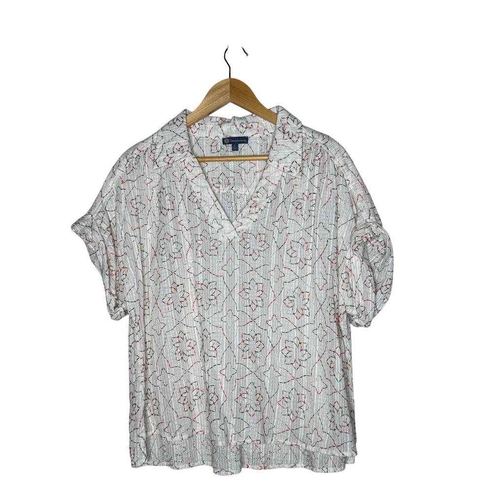 Textured Cotton Embroidered Blouse Puff Sleeve Boho Top Large - Picture 2 of 6